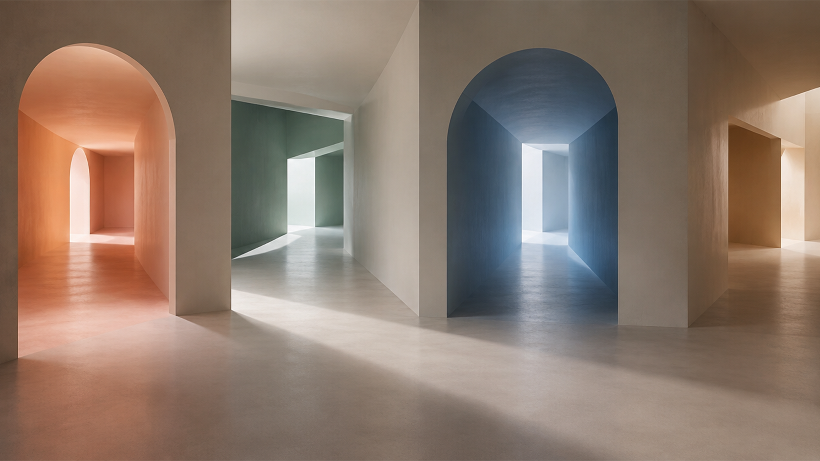 Corredores com arcos em tons distintos representam mensagens e caminhos diferentes