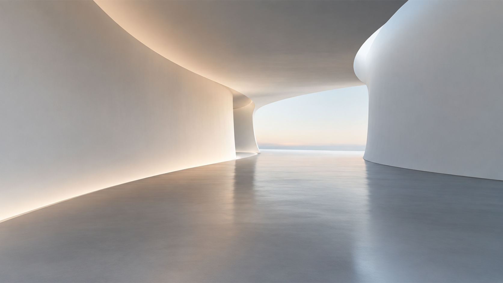Espaço minimalista de paredes curvas conduz a uma ampla abertura para o horizonte