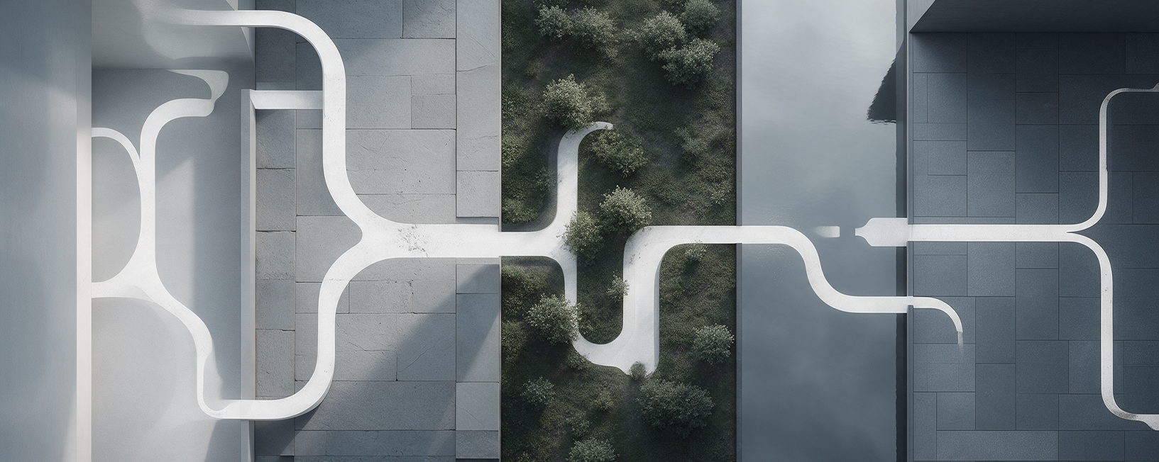 Percursos brancos interligam edifícios, vegetação e água numa vista aérea abstrata